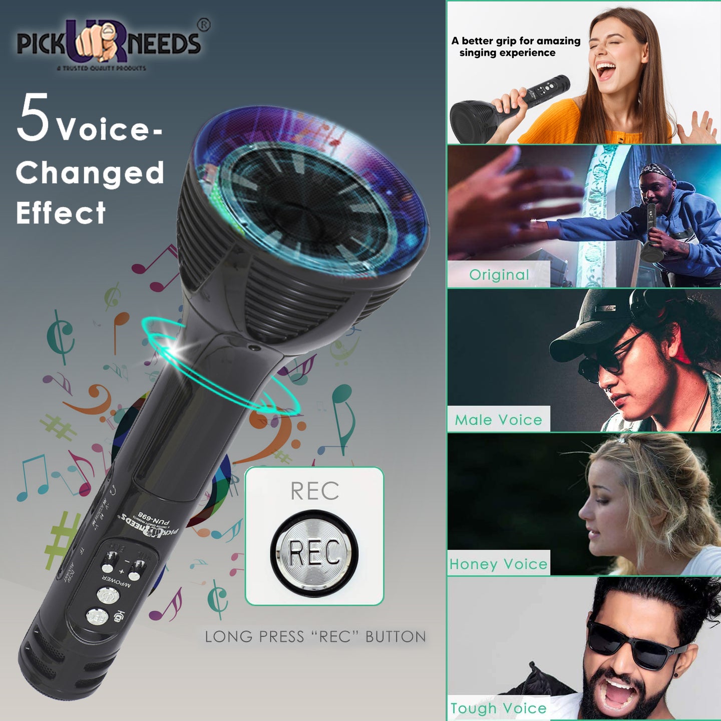 Pick Ur Needs Karaoke Mic with Led Light Wireless Bluetooth Microphone Connection Player Speaker 2-in1 with Recording + USB+FM